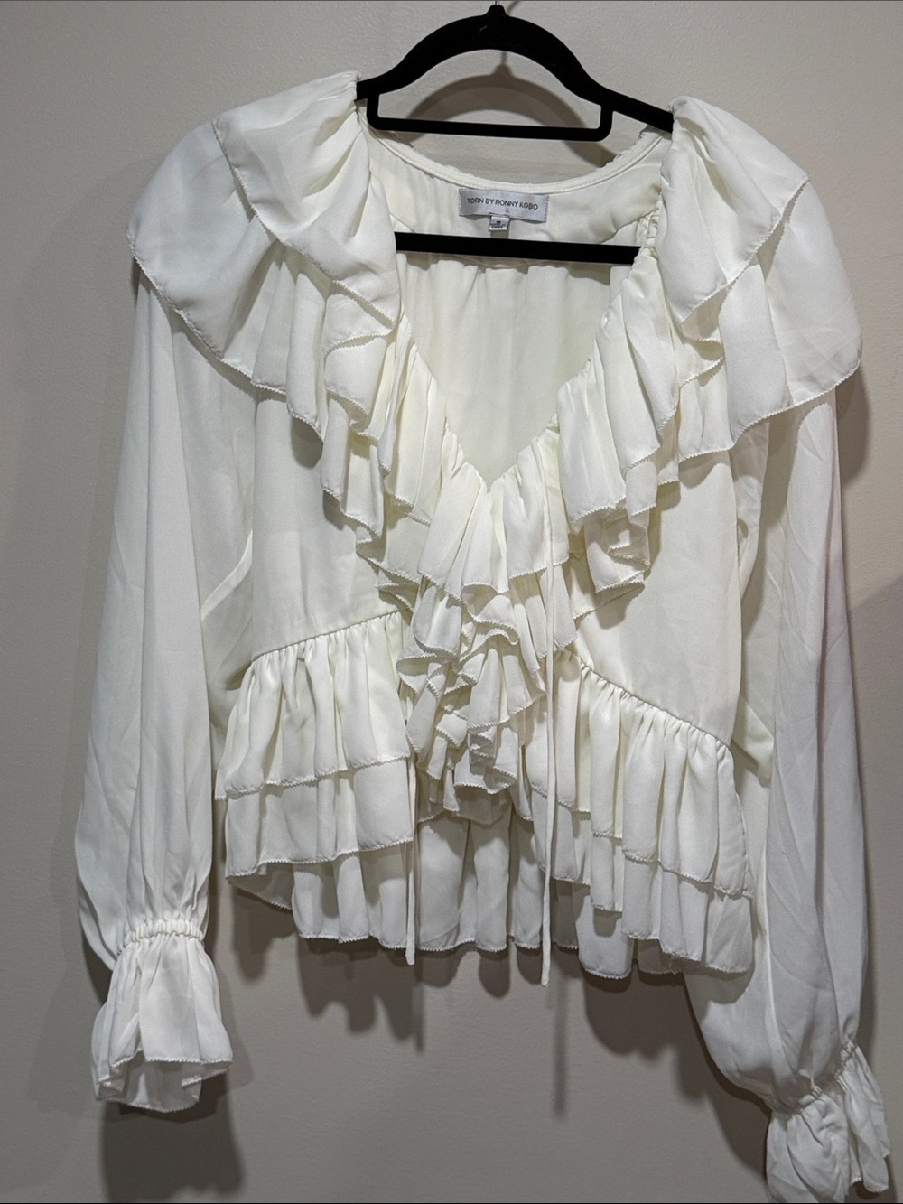 Torn by Ronny Kobo  Ivory Ruffle V-Neck Blouse - Romantic Layered Peplum